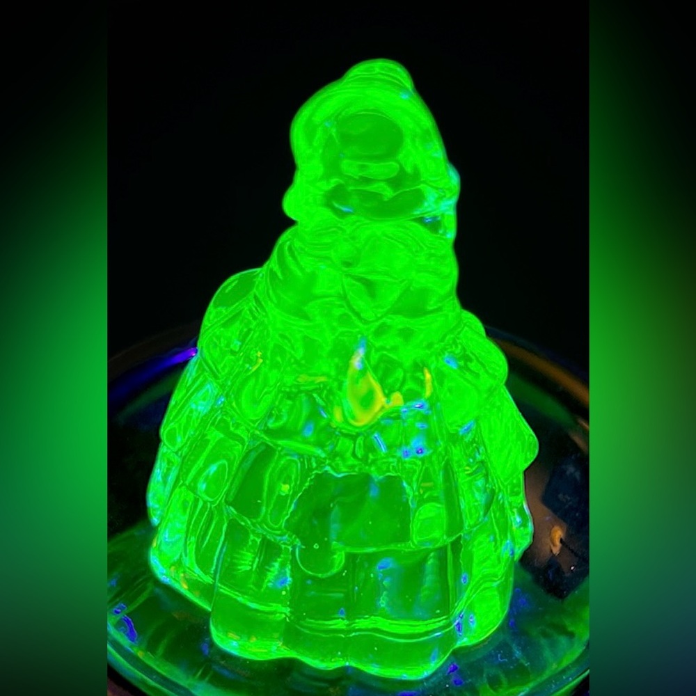 Boyd Uranium Glass Southern Belle Figurine Vaseline Glow Louise Victorian Lady